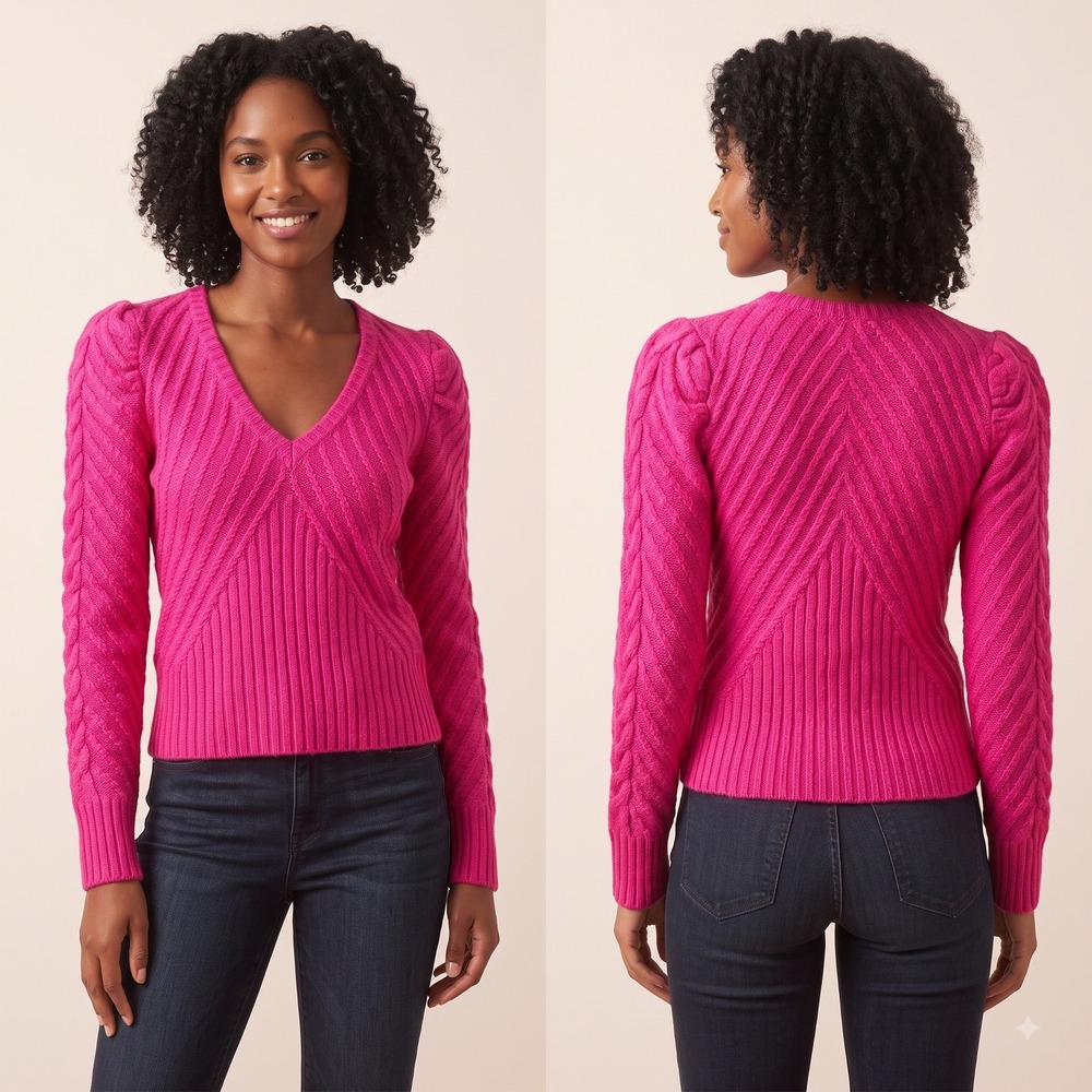 White House Black Market Pink Cable Knit Sweater V-Neck Pullover Small
